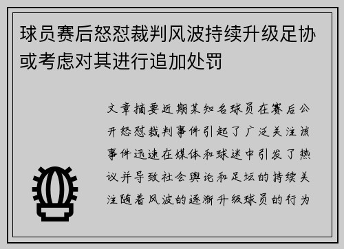 球员赛后怒怼裁判风波持续升级足协或考虑对其进行追加处罚