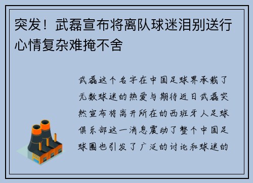 突发！武磊宣布将离队球迷泪别送行心情复杂难掩不舍